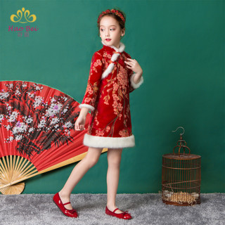 中国风女童改良旗袍秋冬棉儿童演出服宝宝唐装红色拜年服新年喜庆