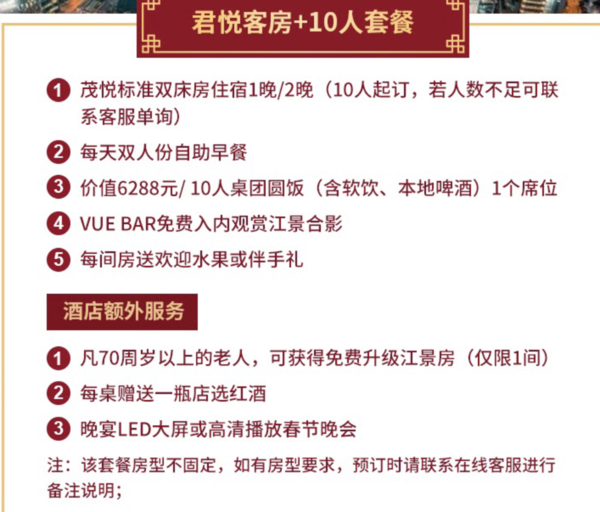 上海凯悦市区/崇明7店通用！5间客房住宿+早餐+10人桌年夜饭+欢迎水果