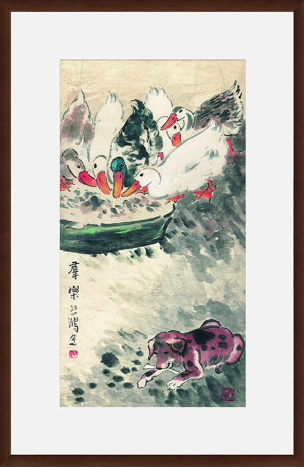 现代简约新中式国画水墨画《群乐图》茶褐色 76×116cm