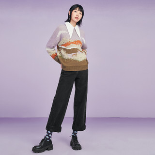 1'太平鸟油画风圆领套头毛衣女冬季新款宽松紫色落肩袖针织衫