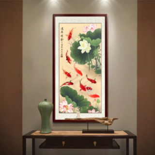 墨翁《连年有余》 65×125cm 手绘国画 荷花九鱼图字画