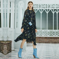 ochirly欧时力春装荷叶边腰带仙女裙长袖连衣裙收腰1GY3081660 XS 黑色