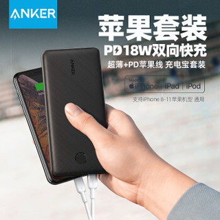 ANKER 10000毫安时 移动电源/充电宝 Type-C 18W双向PD快充 1A1C+MFi认证PD闪充数据线0.9米 小巧充电宝套装