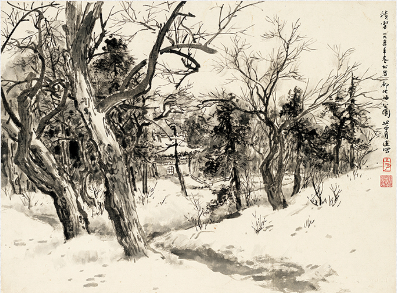 中式古典风景国画水墨画积雪关山月茶褐色5465cm