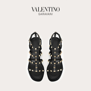 VALENTINO GARAVANI/华伦天奴 ROCKSTUD 小牛皮铆钉系带坡跟凉鞋 F13538796 （39、黑色）