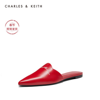 CHARLES&KEITH女鞋CK1-70900172刺绣尖头平底穆勒鞋（41、Black黑色）