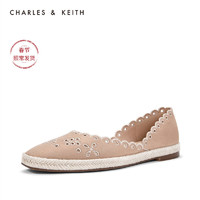 CHARLES&KEITH低帮鞋CK1-70380730侧v口镂空饰女士方头平底凉鞋（39、Beige米色）