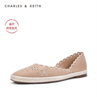 CHARLES&KEITH低帮鞋CK1-70380730侧v口镂空饰女士方头平底凉鞋（39、Beige米色）