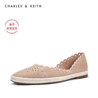 CHARLES&KEITH低帮鞋CK1-70380730侧v口镂空饰女士方头平底凉鞋（40、Beige米色）