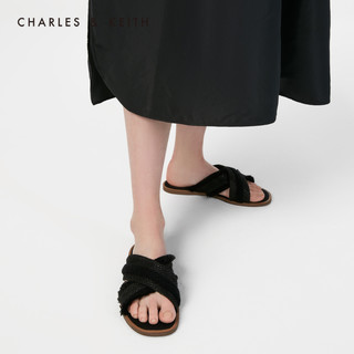 CHARLES&KEITH女鞋CK1-70390283交叉带露趾凉拖鞋（38、Black黑色）