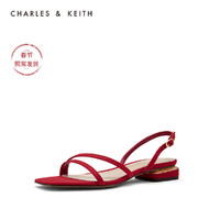 CHARLES&KEITH女鞋CK1-70900185不对称绊带低跟凉鞋（34、Red红色）