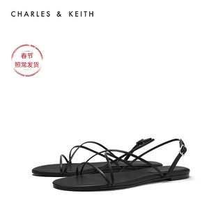 CHARLES&KEITH女鞋CK1-70480079交叉绊带平底凉鞋（36、Black黑色）