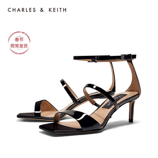 CHARLES&KEITH女鞋SL1-61780027亮面方头高跟凉鞋（34、Black黑色）