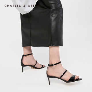 CHARLES&KEITH女鞋SL1-61780027亮面方头高跟凉鞋（34、Black黑色）