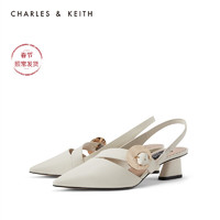 CHARLES&KEITH女鞋SL1-61720029金属扣尖头中跟凉鞋（37、Chalk粉白色）