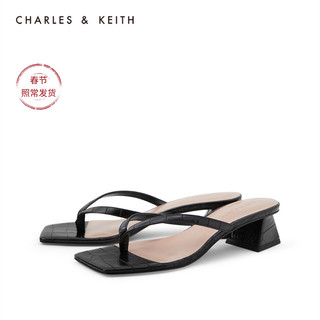 CHARLES&KEITH女鞋CK1-60920219压纹夹趾凉拖鞋（36、Black黑色）