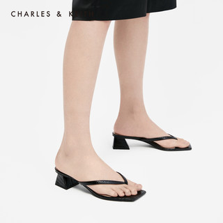 CHARLES&KEITH女鞋CK1-60920219压纹夹趾凉拖鞋（37、Black黑色）