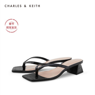 CHARLES&KEITH女鞋CK1-60920219压纹夹趾凉拖鞋（38、Black黑色）