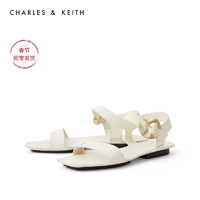 CHARLES&KEITH女鞋SL1-70900020金属扣露趾平跟凉鞋（37、Chalk粉白色）