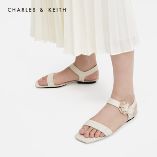 CHARLES&KEITH女鞋SL1-70900020金属扣露趾平跟凉鞋（37、Black黑色）