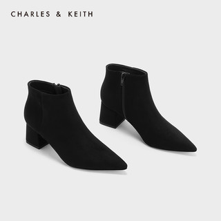 CHARLES&KEITH秋冬女靴CK1-91680022粗跟踝靴短靴女（41、Black黑色）