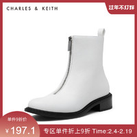 CHARLES&KEITH秋冬女靴CK1-90580118拉链中跟厚底短靴女（40、White白色）