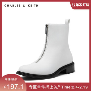 CHARLES&KEITH秋冬女靴CK1-90580118拉链中跟厚底短靴女（41、White白色）