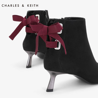 CHARLES&KEITH秋冬女靴CK1-90360295绒面及踝细高跟短靴女（36、Black黑色）