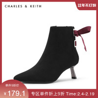 CHARLES&KEITH秋冬女靴CK1-90360295绒面及踝细高跟短靴女（37、Black黑色）