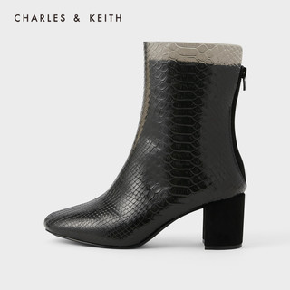 CHARLES&KEITH秋冬女靴CK1-90360316女士材质拼接高跟短靴（41、Grey灰色）