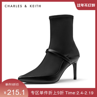 CHARLES&KEITH秋冬女靴CK1-91680052细高跟袜靴短靴（36、Black黑色）