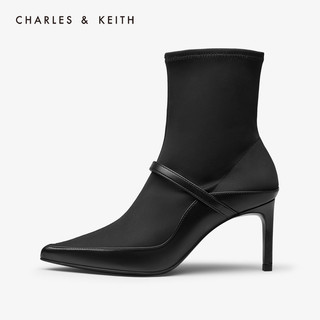 CHARLES&KEITH秋冬女靴CK1-91680052细高跟袜靴短靴（37、Black黑色）