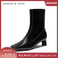 CHARLES&KEITH秋冬女靴CK1-91680071片状跟中跟短鞋女（35、Black黑色）