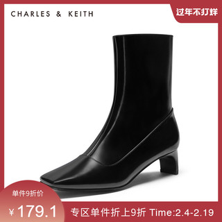 CHARLES&KEITH秋冬女靴CK1-91680071片状跟中跟短鞋女（41、Black黑色）