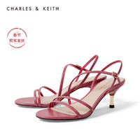 CHARLES&KEITH女鞋CK1-60361262细绊带露趾高跟凉鞋（34、Black Textured黑色纹理）