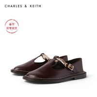 CHARLES&KEITH秋冬女鞋CK1-70900234女金属链饰珍珠玛丽珍鞋（36、Maroon枣红色）