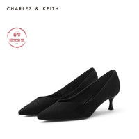 CHARLES&KEITH秋冬女鞋CK1-60361222女士简约尖头中跟单鞋（36、Black Textured黑色纹理）