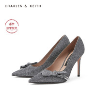CHARLES&KEITH2020冬新品SL1-60280353女士蝴蝶结饰尖头高跟单鞋（39、Silver银色）