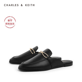 CHARLES&KEITH2020冬季新品CK1-70380819女士金属扣饰平跟穆勒鞋（41、Black黑色）