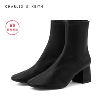CHARLES&KEITH2020冬季新品CK1-91680120女士简约通勤中跟短靴（36、Black黑色）