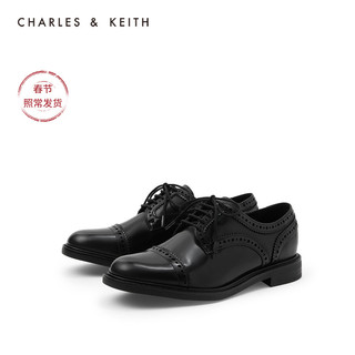 CHARLES&KEITH2020冬新品CK1-71720011女士英伦风系带低跟德比鞋（37、Black黑色）