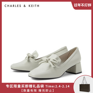 CHARLES&KEITH2021早春新品CK1-60900145女蝴蝶结装饰粗跟单鞋（36、粉白色Chalk）