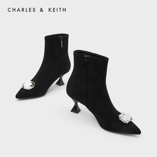 CHARLES&KEITH2020冬季新品SL1-90280040-A女士半宝石饰高跟短靴（35、Black黑色）