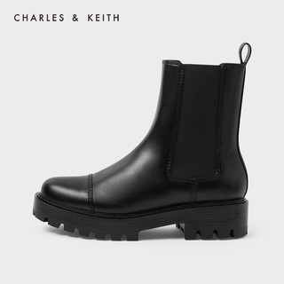 CHARLES&KEITH2020冬季新品CK1-90580135女士厚底短筒切尔西靴（37、Black黑色）