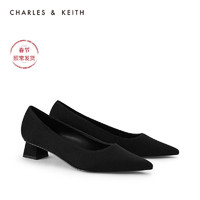 CHARLES&KEITH2021早春新品CK1-60361339女简约通勤尖头方跟单鞋（35、Black Textured黑色纹理）