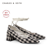 CHARLES&KEITH2021早春新品CK1-60361320-A女格纹绑带方头单鞋（36、Black黑色）