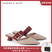 CHARLES＆KEITH2021春新品CK1-60920251女士金属方扣饰尖头穆勒鞋（38、粉白色Chalk）