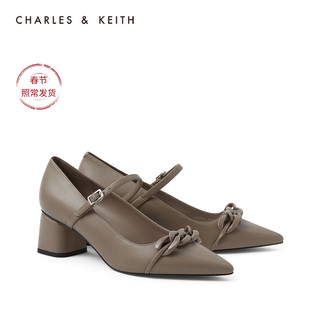 CHARLES&KEITH2021早春新品CK1-60920243女粗链条饰尖头高跟单鞋（38、Taupe灰褐色）