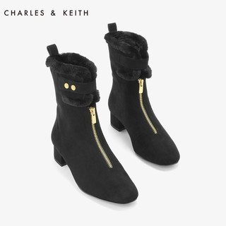 CHARLES&KEITH5女靴CK1-91680015及踝毛靴雪地靴女（39、Black黑色）