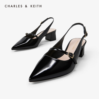 CHARLES&KEITH女鞋CK1-60361250一字带尖头中跟凉鞋（39、Black黑色）